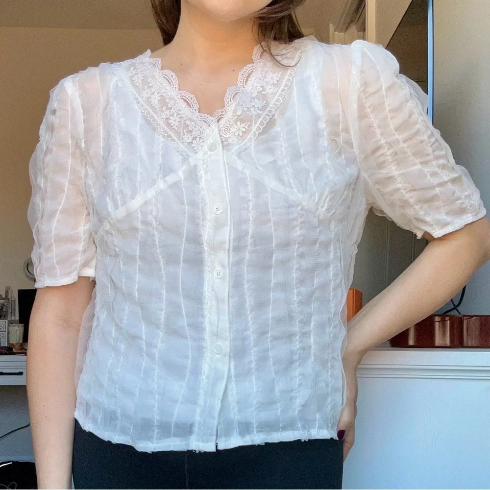 NWOT Sheer Frilled Mesh Blouse - Picture 3 of 9